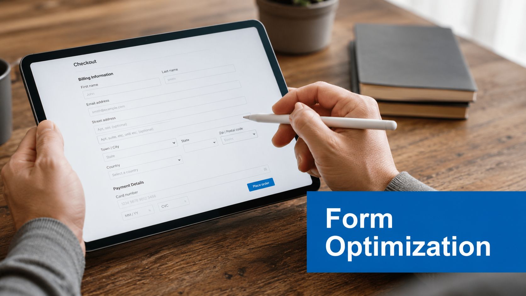 A person using a stylus on a tablet screen to fill out an online checkout form.