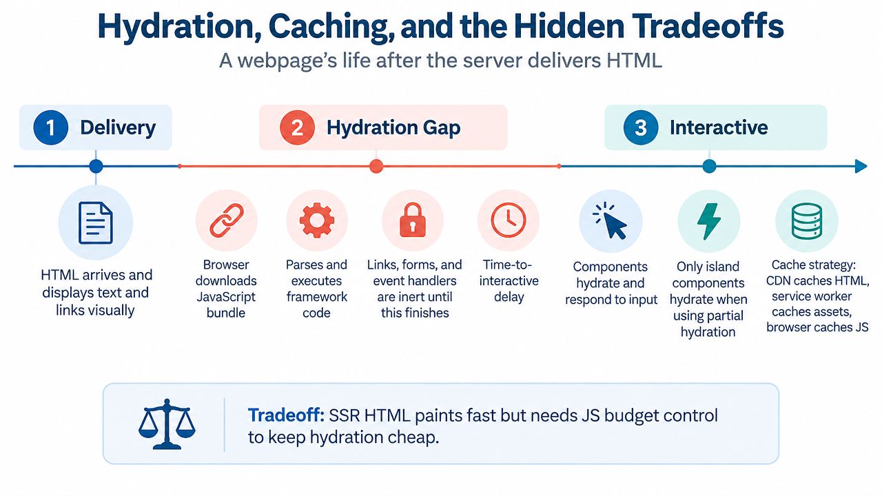 A diagram illustrating the timeline of website loading including delivery, hydration gap, and interactive phases.